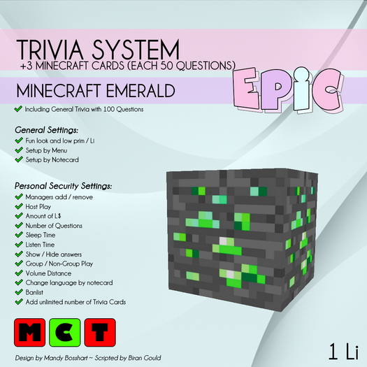 Second Life Marketplace - [EPIC Trivia System] Minecraft Emerald (ADD ME)